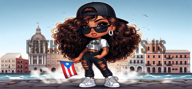 May include: Cartoon illustration of a person wearing a black cap, sunglasses, and ripped jeans, holding a Puerto Rican flag. The person is wearing a white crop top with the word "WEPA" and white sneakers. The background features a cityscape.