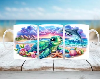 Sea Turtle Mug Wrap: Watercolor Dolphin Design (Digital Download)