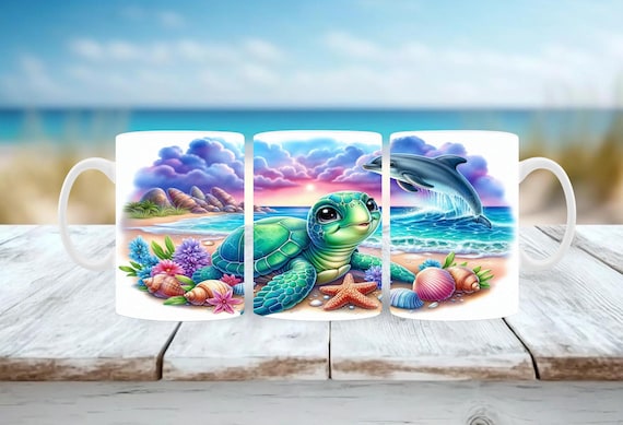 Sea Turtle Mug Wrap: Watercolor Dolphin Design (Digital Download)