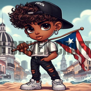 May include: Cartoon illustration of a person holding a Puerto Rican flag, wearing a black cap, white t-shirt, ripped black jeans, and white sneakers. The background shows a city street with colorful buildings and a domed structure.