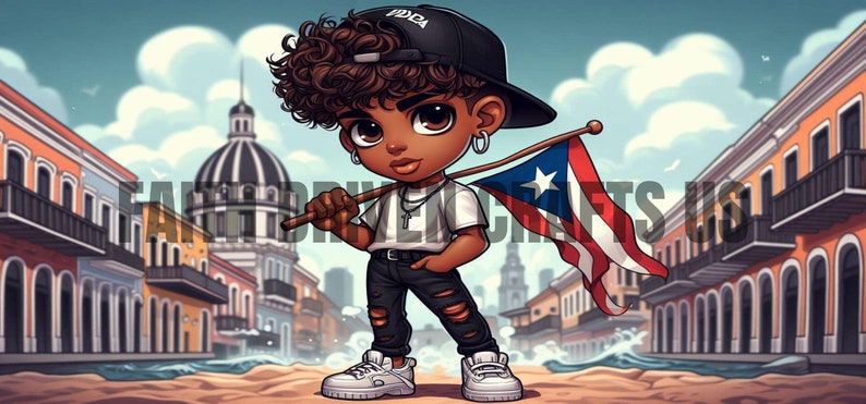 May include: Cartoon illustration of a person holding a Puerto Rican flag, wearing a black cap, white t-shirt, ripped black jeans, and white sneakers. The background shows a city street with colorful buildings and a domed structure.
