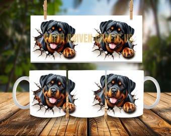 May include: A white ceramic mug with a black and brown Rottweiler dog peeking out of a cracked wall. The dog has a playful expression and its tongue is sticking out.