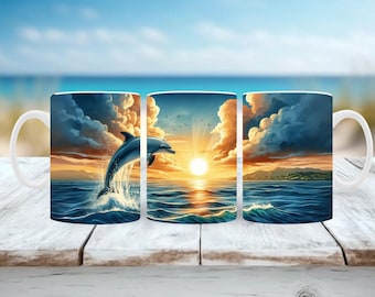 Dolphin Mug Wrap: Tropical Sunset Design (11oz, 15oz PNG Digital Download)