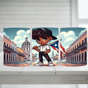 May include: White ceramic mug featuring a cartoon illustration of a person holding a Puerto Rican flag. The design includes a cityscape with colorful buildings and a blue sky. The person is wearing a black cap and white sneakers.