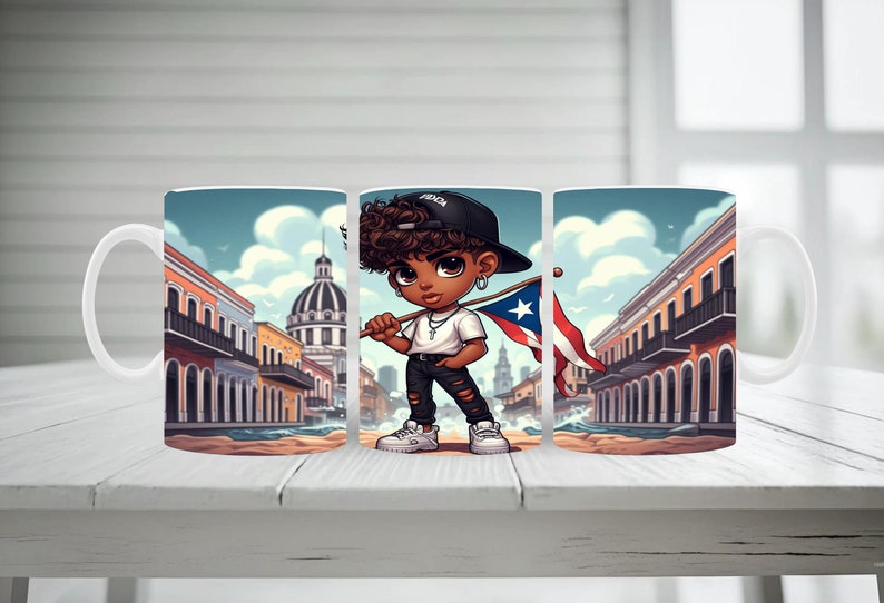 May include: White ceramic mug featuring a cartoon illustration of a person holding a Puerto Rican flag. The design includes a cityscape with colorful buildings and a blue sky. The person is wearing a black cap and white sneakers.