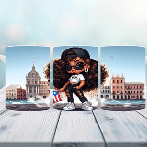 May include: Set of three white ceramic mugs featuring a cartoon illustration of a person wearing sunglasses and a baseball cap, holding a Puerto Rican flag. The person is standing in front of a cityscape. The shirt says "WEPA".