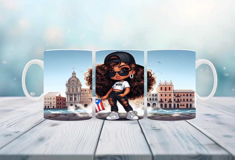May include: Set of three white ceramic mugs featuring a cartoon illustration of a person wearing sunglasses and a baseball cap, holding a Puerto Rican flag. The person is standing in front of a cityscape. The shirt says "WEPA".