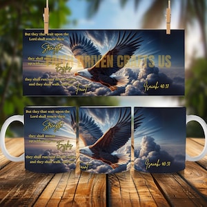 May include: Two white mugs with a design of an eagle flying through clouds. The mugs feature the text "But they that wait upon the Lord shall renew their strength" and "Isaiah 40:31".