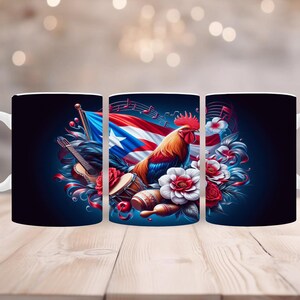 May include: White ceramic mug featuring a vibrant design with a rooster, Puerto Rican flag, musical notes, and flowers. The mug has a dark blue background and a white handle. Musical instruments are also included in the design.