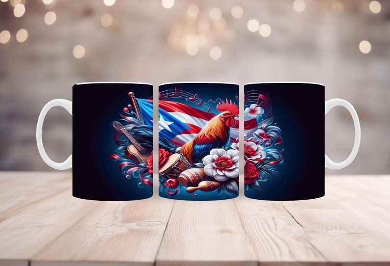 May include: White ceramic mug featuring a vibrant design with a rooster, Puerto Rican flag, musical notes, and flowers. The mug has a dark blue background and a white handle. Musical instruments are also included in the design.