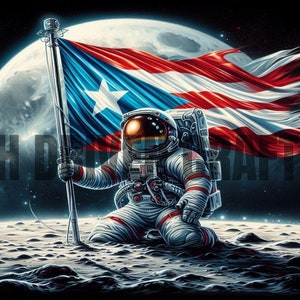 May include: An astronaut kneels on a lunar surface, planting a flag with the Puerto Rican flag design. The flag waves dramatically against a backdrop of the moon and a starry sky. The astronaut wears a detailed spacesuit.