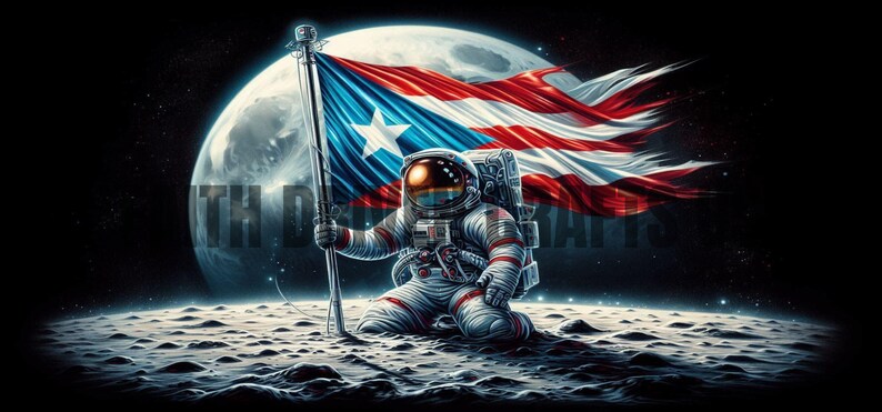 May include: An astronaut kneels on a lunar surface, planting a flag with the Puerto Rican flag design. The flag waves dramatically against a backdrop of the moon and a starry sky. The astronaut wears a detailed spacesuit.