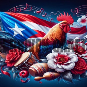 May include: A vibrant illustration featuring the Puerto Rican flag, a rooster, musical notes, and traditional instruments. Red roses and white flowers with red centers surround the flag and rooster. A guitar, drum, and maracas are also present.