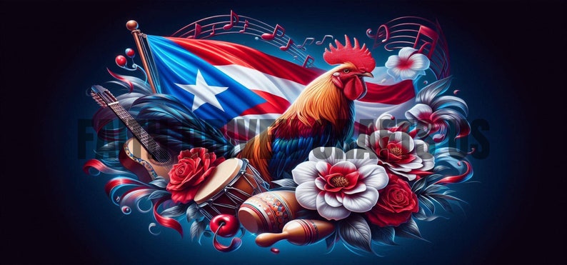 May include: A vibrant illustration featuring the Puerto Rican flag, a rooster, musical notes, and traditional instruments. Red roses and white flowers with red centers surround the flag and rooster. A guitar, drum, and maracas are also present.