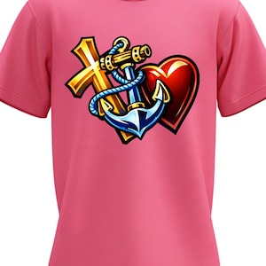 Puede incluir: Una camiseta rosa con una cruz dorada, un ancla azul con una cuerda y un corazón rojo. El ancla está entrelazada con la cruz. El diseño es una ilustración vibrante en la parte delantera de la camiseta.
