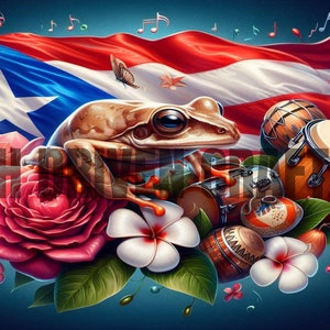 May include: A vibrant illustration featuring the Puerto Rican flag waving in the background. A frog rests atop drums and flowers, with musical notes floating above. The image showcases a blend of cultural symbols and natural elements.