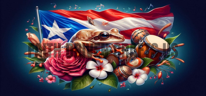 May include: A vibrant illustration featuring the Puerto Rican flag waving in the background. A frog rests atop drums and flowers, with musical notes floating above. The image showcases a blend of cultural symbols and natural elements.