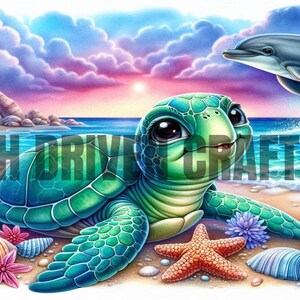 May include: A green sea turtle with a big smile sits on a sandy beach with seashells, a starfish, and colorful flowers. A blue dolphin jumps out of the water in the background. The sky is a vibrant mix of pink, purple, and blue.