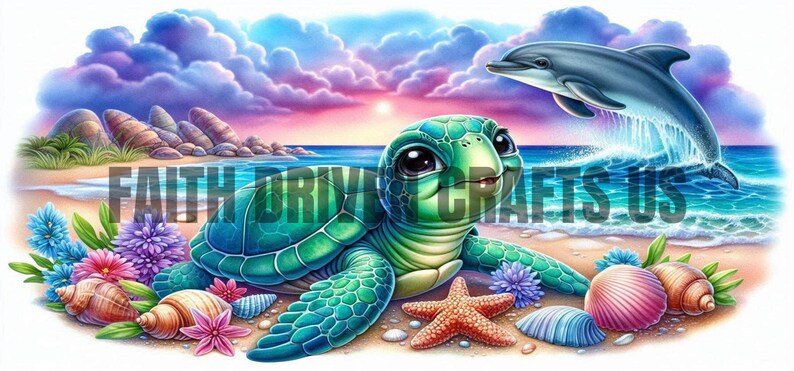 May include: A green sea turtle with a big smile sits on a sandy beach with seashells, a starfish, and colorful flowers. A blue dolphin jumps out of the water in the background. The sky is a vibrant mix of pink, purple, and blue.