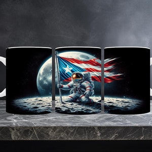 May include: A white ceramic mug featuring a space-themed design. An astronaut kneels on a lunar surface, planting a Puerto Rican flag. The background shows a full moon and a starry sky. The mug has a white handle.