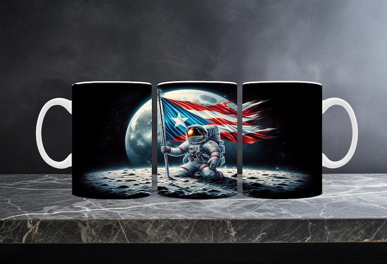 May include: A white ceramic mug featuring a space-themed design. An astronaut kneels on a lunar surface, planting a Puerto Rican flag. The background shows a full moon and a starry sky. The mug has a white handle.