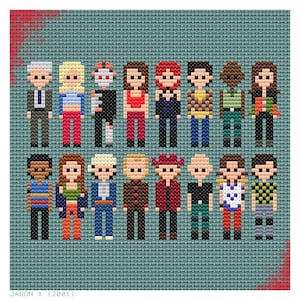 May include: A pixel art cross-stitch pattern featuring characters from the 2001 film "Jason X". The characters are arranged in two rows, with the text "JASON X (2001)" at the bottom.