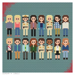 Könnte beinhalten: Ein Pixel-Art-Kreuzstichmuster mit den Charakteren aus dem Film Scream 4 (2011). Die Charaktere sind in einem Raster dargestellt, wobei jeder Charakter in einem separaten Quadrat steht. Die Charaktere tragen alle verschiedene Outfits und einige halten Waffen. Der Hintergrund ist hellblau.