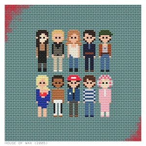 Può includere: Schema di punto croce con i personaggi del film horror "House of Wax" del 2005. I personaggi sono rappresentati in uno stile pixelato, con uno sfondo blu.