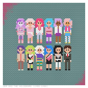 May include: A pixel art cross-stitch pattern of the characters from the 1980s cartoon Jem and the Holograms. The characters are arranged in two rows, with the Holograms in the top row and the Misfits in the bottom row. The background is a light blue color. "Jem and the Holograms (1985-1988)" is written at the bottom of the image.