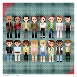 May include: A pixel art cross-stitch design featuring the characters from the movie Scream 2 (1997). The characters are depicted in a row, standing side-by-side. The design is on a blue background.