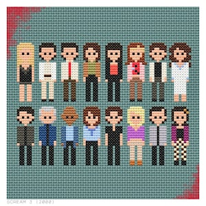 Op de afbeelding: Borduurpatroon met de personages uit de film Scream 3 (2000). De personages zijn afgebeeld in een gepixelde stijl, waarbij elk personage in een rij staat. De achtergrond is lichtblauw.