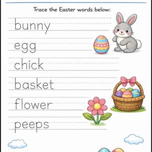 May include: A colorful Easter-themed worksheet with the text "Trace the Words." The worksheet features illustrations of a bunny, eggs, a chick, a basket of eggs, a flower, and the word "peeps."