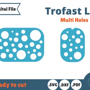 May include: Digital file for a Trofast lid with multiple holes. The lid is blue with white circles cut out. The file is available in SVG, DXF, and PDF formats.