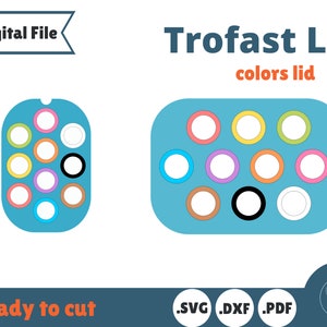 May include: A digital file for a Trofast lid with 12 different colored circles. The lid is ready to cut and comes in SVG, DXF, and PDF formats.