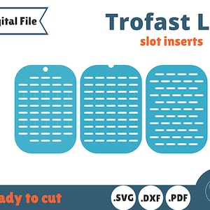 Op de afbeelding: Drie blauwe Trofast-deksel-gleuven, klaar om te snijden in SVG, DXF en PDF-formaten. Digitale bestandsdownload.
