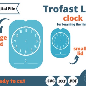 Puede incluir: Un archivo digital para un reloj de tapa Trofast para aprender la hora. El archivo incluye dos esferas de reloj, una grande y otra pequeña, con fondo azul y números blancos. El texto "Listo para cortar" está en la parte inferior de la imagen, junto con los tipos de archivo: .SVG, .DXF y .PDF.