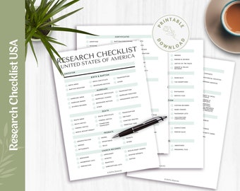 USA 4-Page Research Checklist | America | Family History | Worksheets | Genealogy | Worksheets