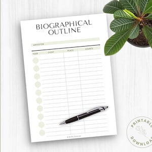May include: A white sheet of paper with the words "Biographical Outline" printed at the top. The sheet has columns for ancestor, year, event, place, and source. A black pen rests on the paper. A small potted plant and a cup of coffee are also in the image.