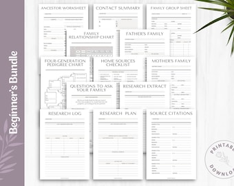Może przedstawiać: Pakiet do badań genealogicznych do wydrukowania, zawierający 12 arkuszy roboczych, w tym arkusz roboczy przodków, wykres relacji rodzinnych, wykres genealogiczny czterech pokoleń, listę kontrolną źródeł domowych, dziennik badań, plan badań i cytowania źródeł. Arkusze robocze są w kolorze czarno-białym o prostym designie.