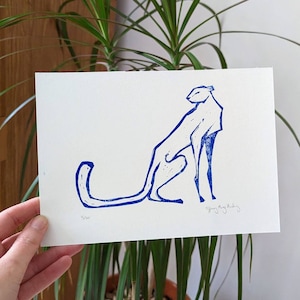 Limited Edition Blue Lino Print Big Cat // A5 Minimalist // Gift for Cat & Art Lovers