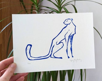 Limited Edition Blue Lino Print Big Cat // A5 Minimalist // Gift for Cat & Art Lovers