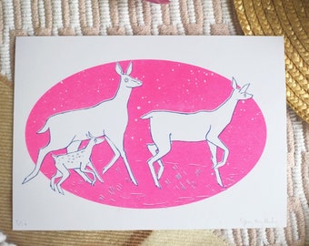 Family of Deer Risograph A5 Print // Bright Neon Pink Limited Edition Riso Artwork of Doe and Fawn // Mothers Day, Girft for Animal Lovers