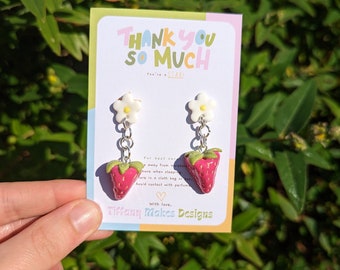 Cute Strawberry Earrings / Stud Backing / Cottagecore Dangly Earrings / Painted Polymer Clay / Summer Fashion / Lovingly Handmade & Painted