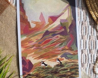 Two Puffins against Costal landscape // Colourful, Small A5 Print