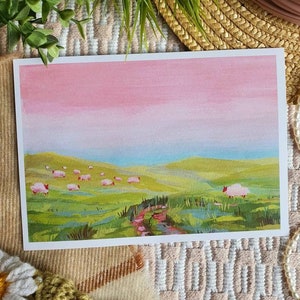 Dreamy Pink Sheep at Dawn Illustration // A5 Cute Field Landscape Pastel Print // Traditional Art, Studio Ghibli Inspired, Cottagecore