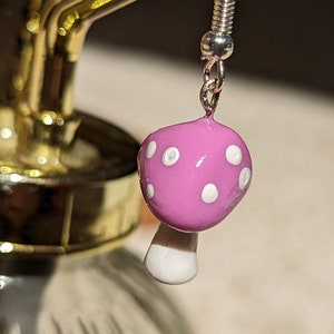 Pretty Purple Toadstool Mushroom Hook Earrings // Quirky Handmade Polymer Clay Fungi Statement Jewellery // Cute Cottagecore Gift for Girls