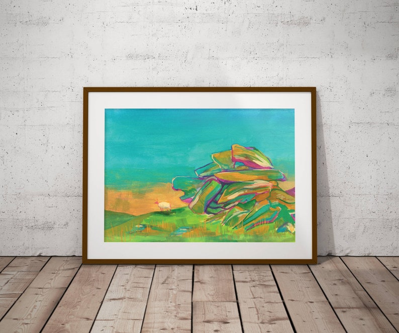 Lonely Sheep on Dartmoor // Colourful A4 Art Print for Wall // Gift for Lovers of Devon // Illustration, Painting, Artwork image 2