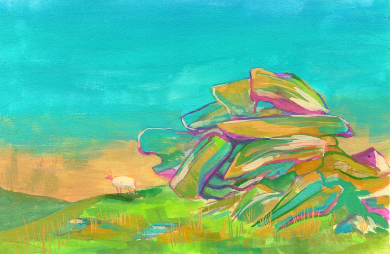 Lonely Sheep on Dartmoor // Colourful A4 Art Print for Wall // Gift for Lovers of Devon // Illustration, Painting, Artwork image 4