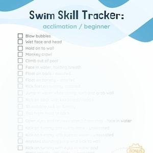 May include: A white swim skill tracker with a blue wave design. The tracker lists beginner swimming skills, including blowing bubbles and kicking. It also includes a bonus section asking, "What's your coolest swim skill so far?"