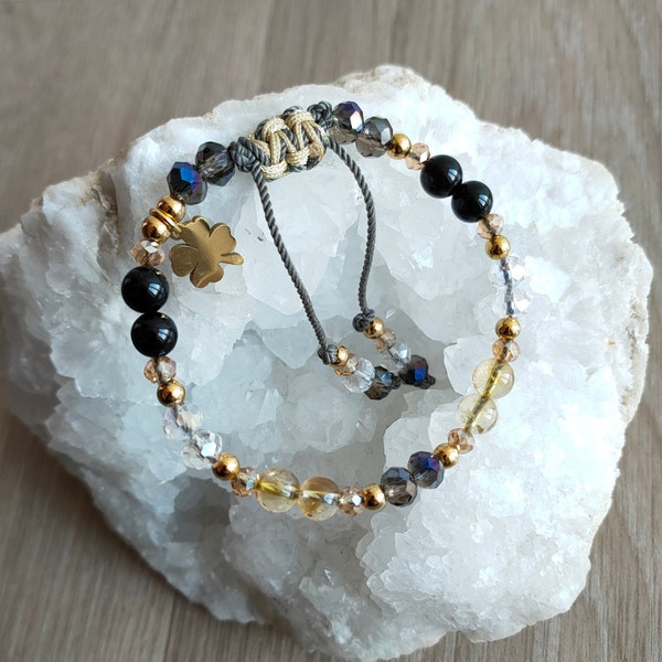 Bracelet en Onyx et Citrine 6mm, breloque trèfle doré en acier inoxydable. Fil de soie réglable